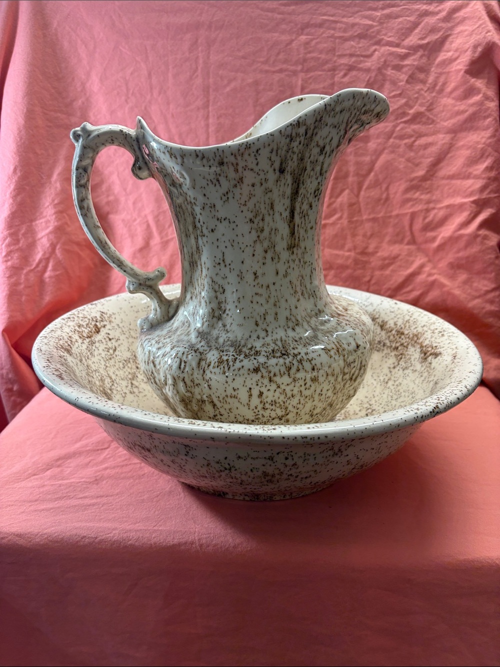 Vintage Speckled White Ceramic Pitcher and Bowl Set